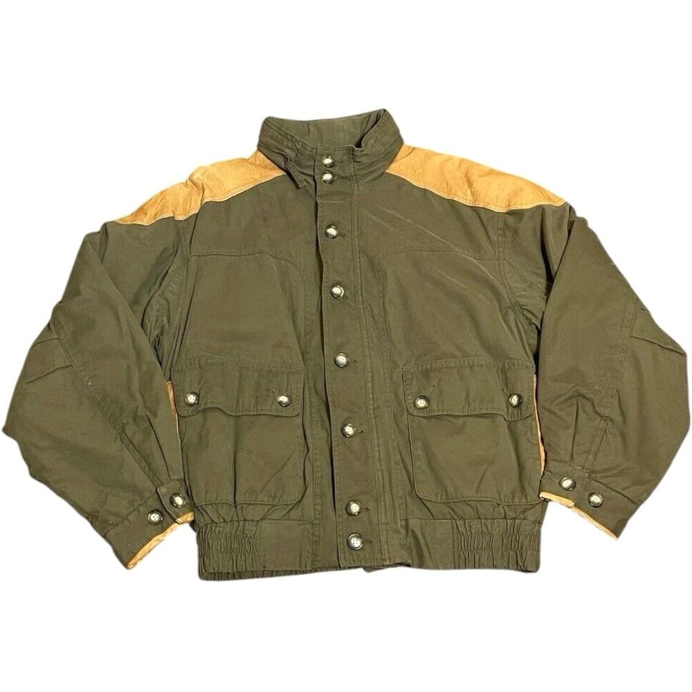 Orvis Plaid Flannel Lined Longline Leather Field Jacket Barn Men Sz M Vintage